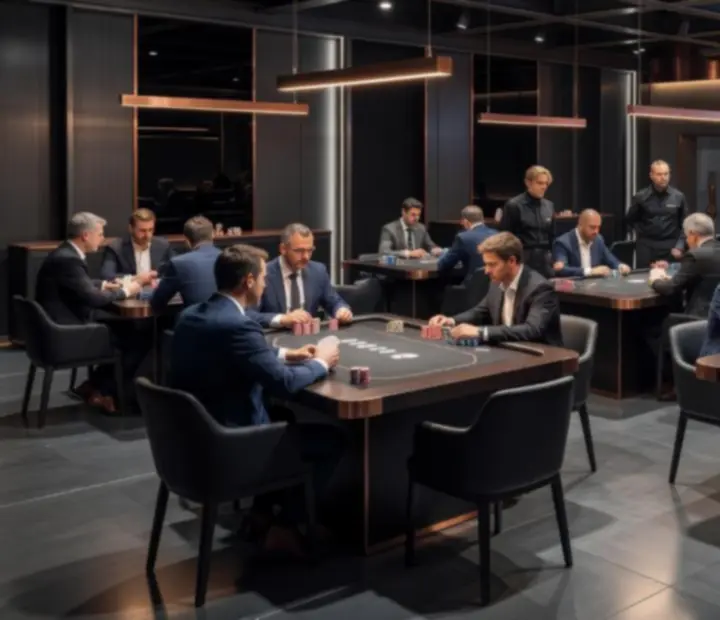 Salle de tournoi physique avec tables éclairées dans une ambiance brasserie sportive.