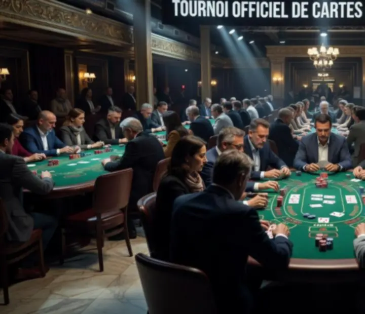 Vue d'ensemble d'un tournoi de cartes très fréquenté dans un casino français