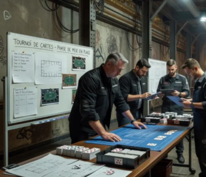 Équipe d'organisation préparant une salle de tournoi de cartes avec des tables alignées