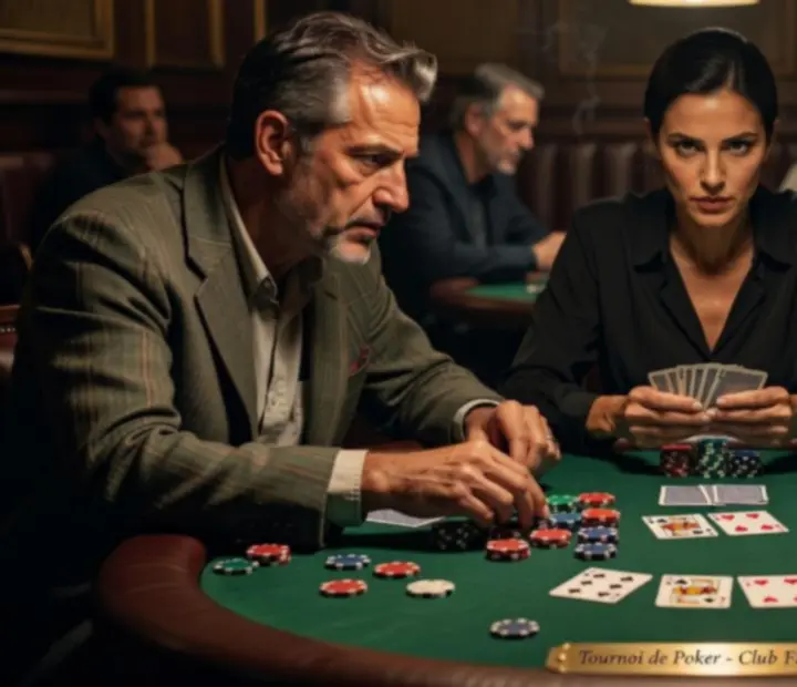 Gros plan sur une main de cartes posée sur la table lors d'un moment intense de tournoi