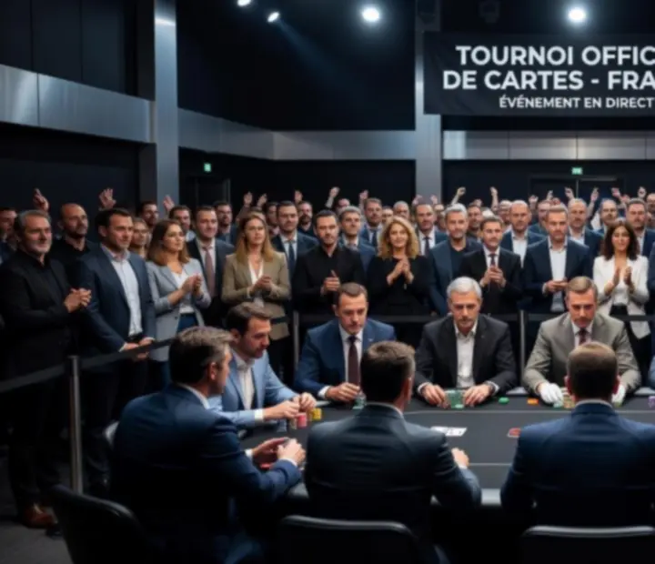 Vue d'ensemble d'un tournoi de cartes en salle avec plusieurs tables en action dans un casino français