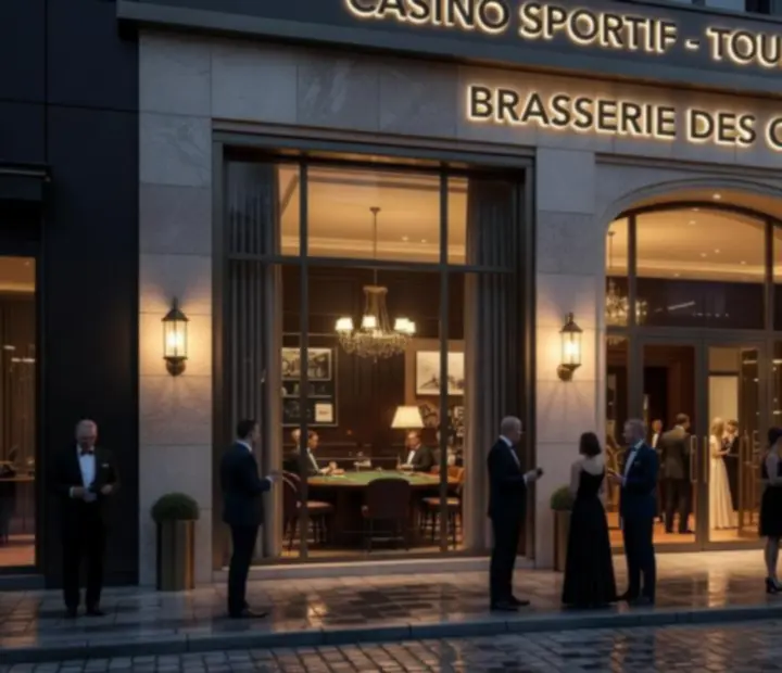 Façade illuminée d'un casino français la nuit avant un tournoi de cartes