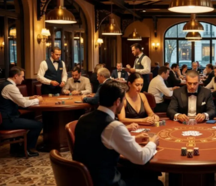 Scène d'action dans l'intérieur d'un club avec tables de cartes et ambiance sportive